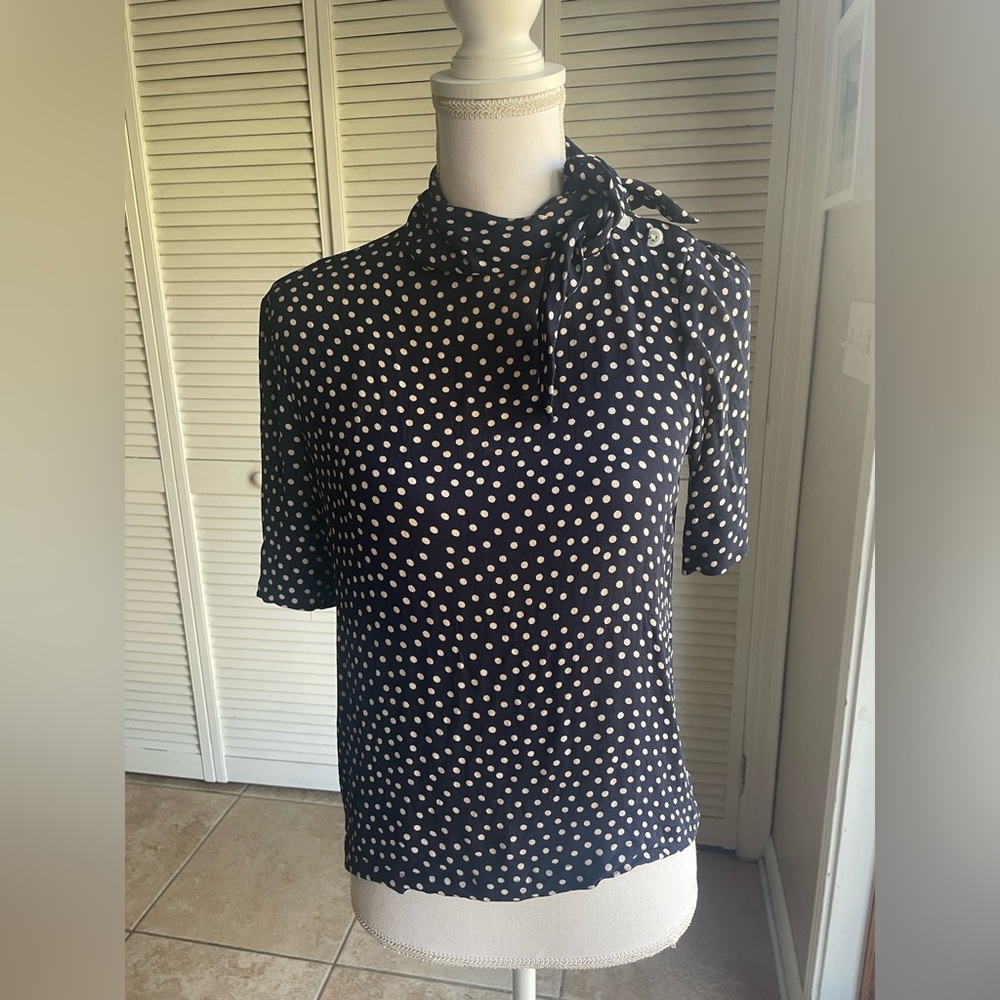 Vintage Perry Ellis Bergdorf Goodman Blue Polka Dot High Neck Tie Blouse Small S
